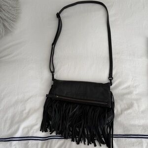 Hammitt Black Leather Fringe Crossbody Bag with Front Zip